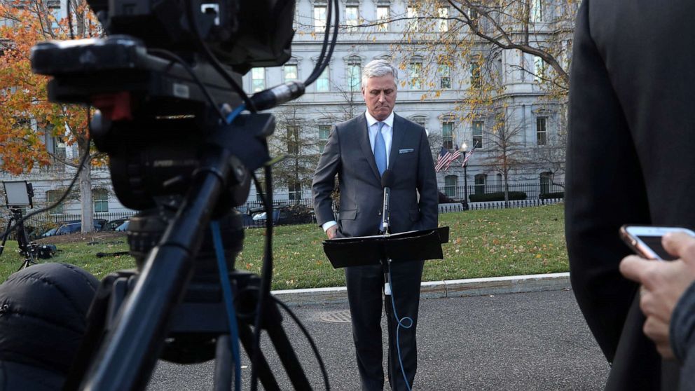 PHOTO: National security adviser Robert O'Brien speaks to the news media outside of the White House, Nov. 17, 2020.