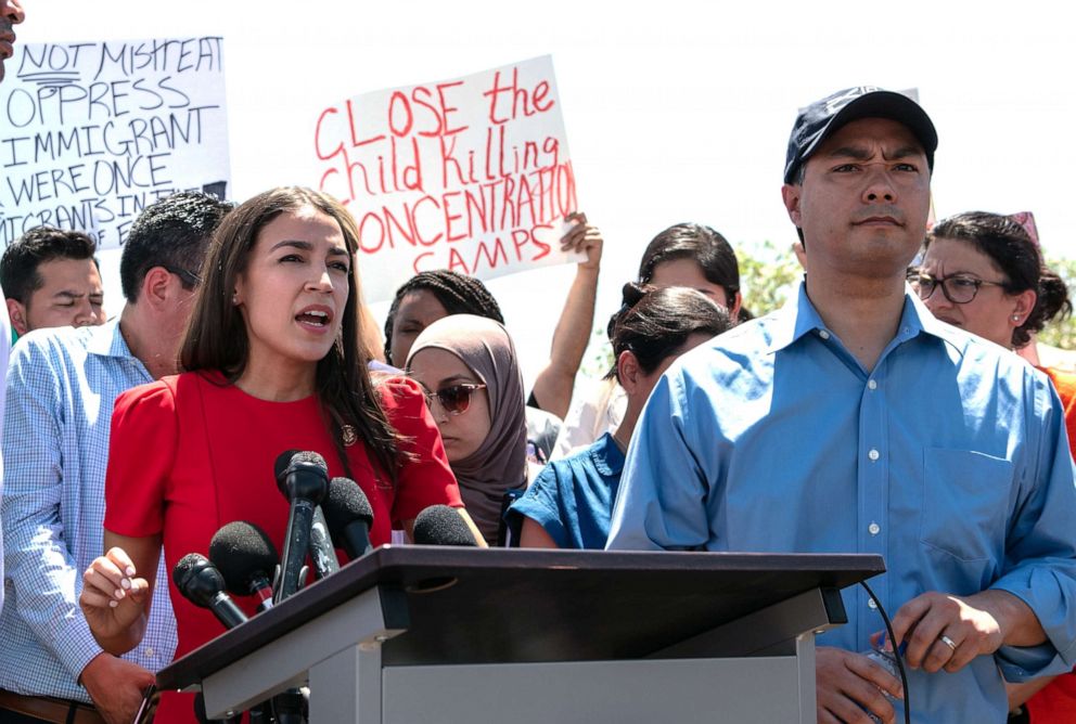 PHOTO: Rep. Alexandria Ocasio-Cortez addresses the media after touring the Clint, Texas, Border Patrol Facility housing  children, July 1, 2019.