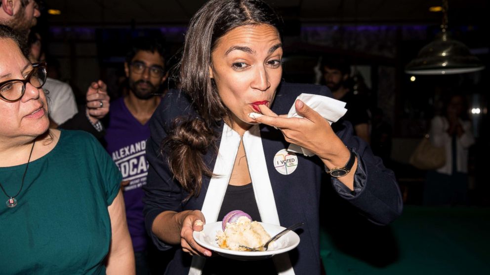 PHOTO: Progressive challenger Alexandria Ocasio-Cortez celebrates with supporters at a victory party in the Bronx after upsetting incumbent Democratic Representative Joseph Crowly, June 26, 2018, in New York.