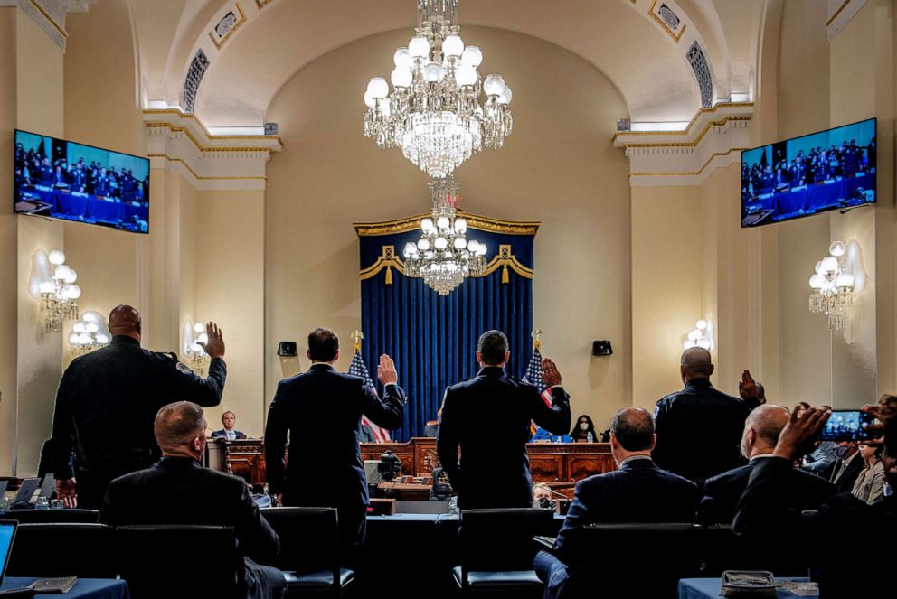 PHOTO: From left, officers Harry Dunn, Daniel Hodges, Michael Fanone and Aquilino Gonell are sworn in to testify before the House select committee hearing on the Jan. 6 attack on Capitol Hill in Washington, D.C., July 27, 2021. 