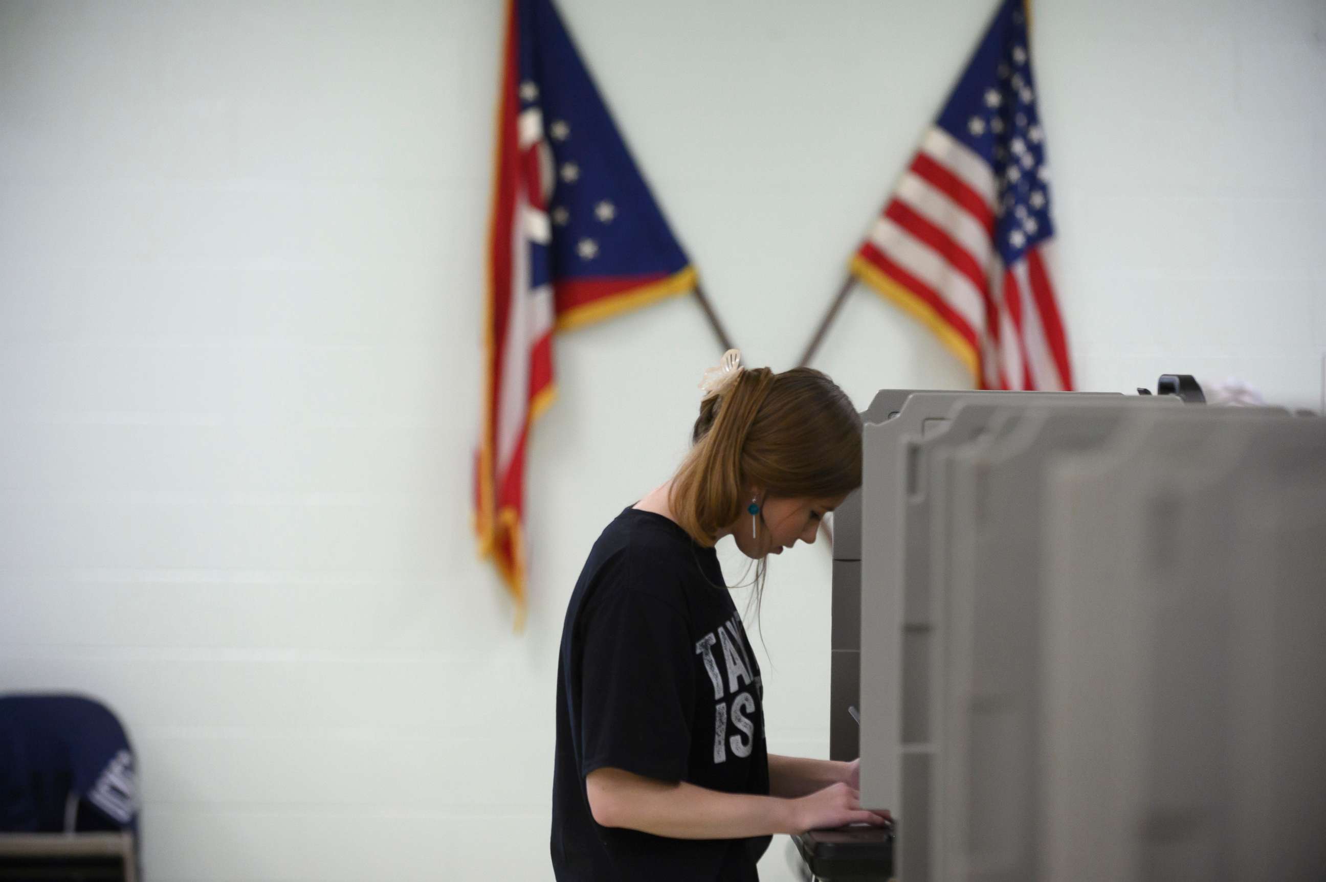 PHOTO: Hannah Emerson, 22, an operations director for a tech firm in Ohio, fills in her ballot during primary voting, May 3, 2022, in Lordstown, Ohio. 