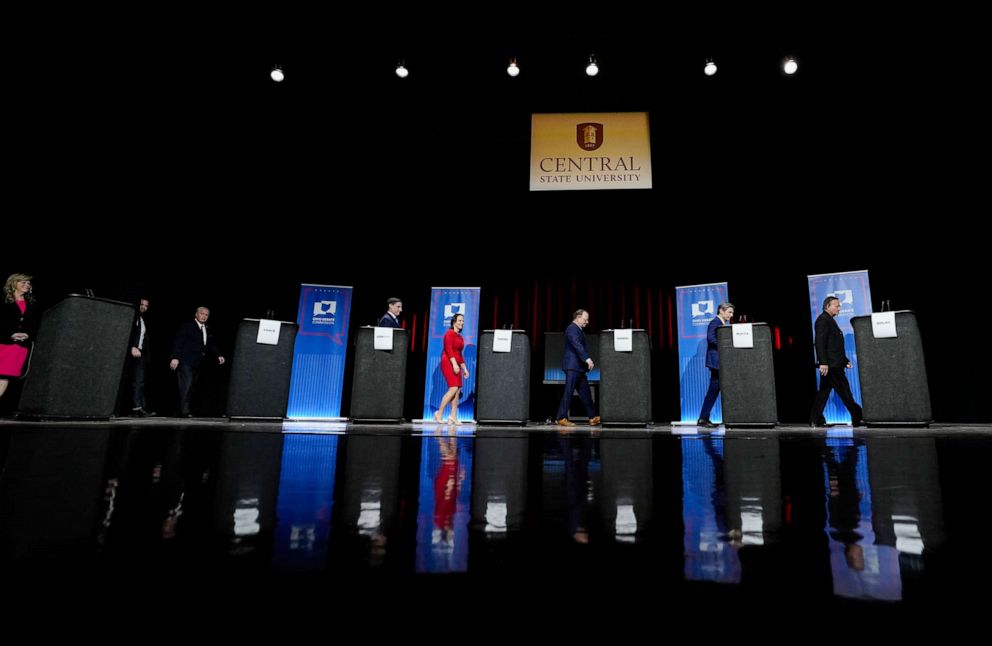 PHOTO: In this March 28, 2022, file photo, Senate Republican candidates take the stage before the start of Ohio's Senate Republican Primary Debate, at Central State University in Wilberforce, Ohio.