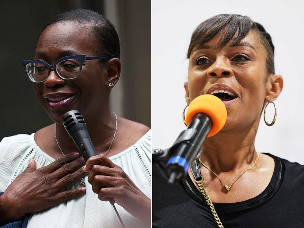 PHOTO: Nina Turner speaks to a crowd of volunteers before a Get Out the Vote canvassing event, July 30, 2021. Shontel Brown speaks during Get Out the Vote campaign event at Mt Zion Fellowship, July 31, 2021, in Cleveland. 