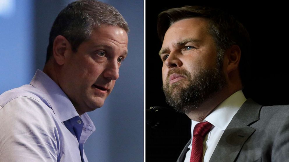 PHOTO: Democratic Representative Tim Ryan and Republican candidate JD Vance of Ohio are pictured in composite file photos.