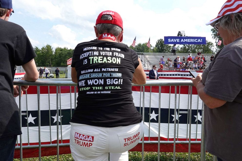 PHOTO: Supporters of former President Donald Trump wait for the start of a rally, June 26, 2021, in Wellington, Ohio.