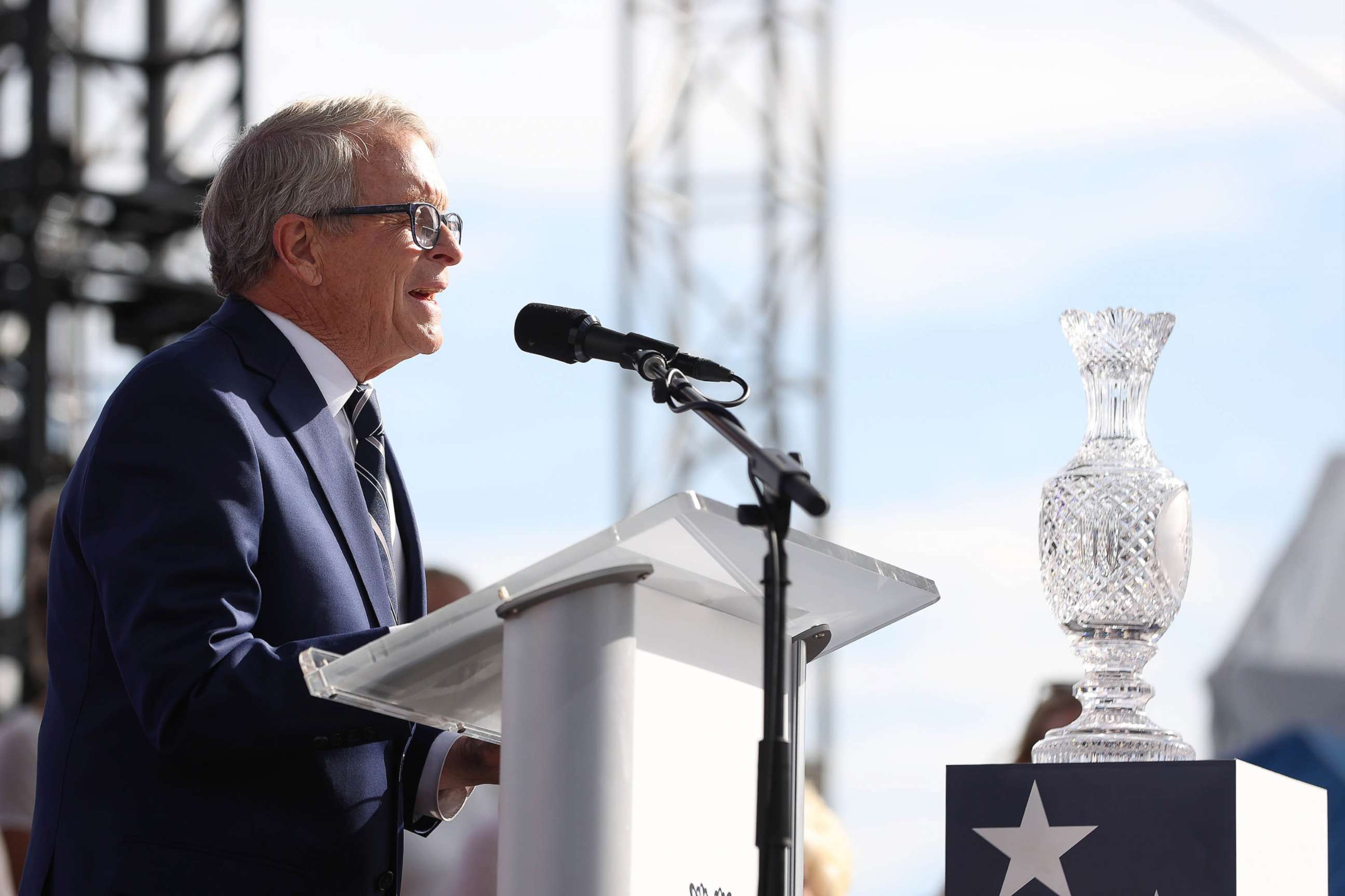 PHOTO: Ohio Governor Mike DeWine speaks to the crowd during the Solheim Cup Opening Ceremony in Toledo, Ohio, Sept. 3, 2021.