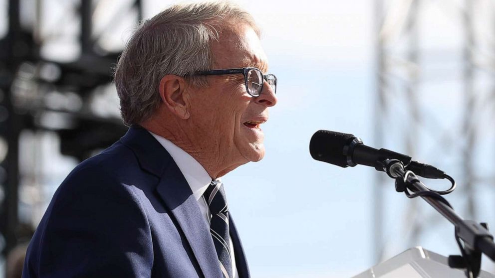 PHOTO: Ohio Governor Mike DeWine speaks to the crowd during the Solheim Cup Opening Ceremony in Toledo, Ohio, Sept. 3, 2021.