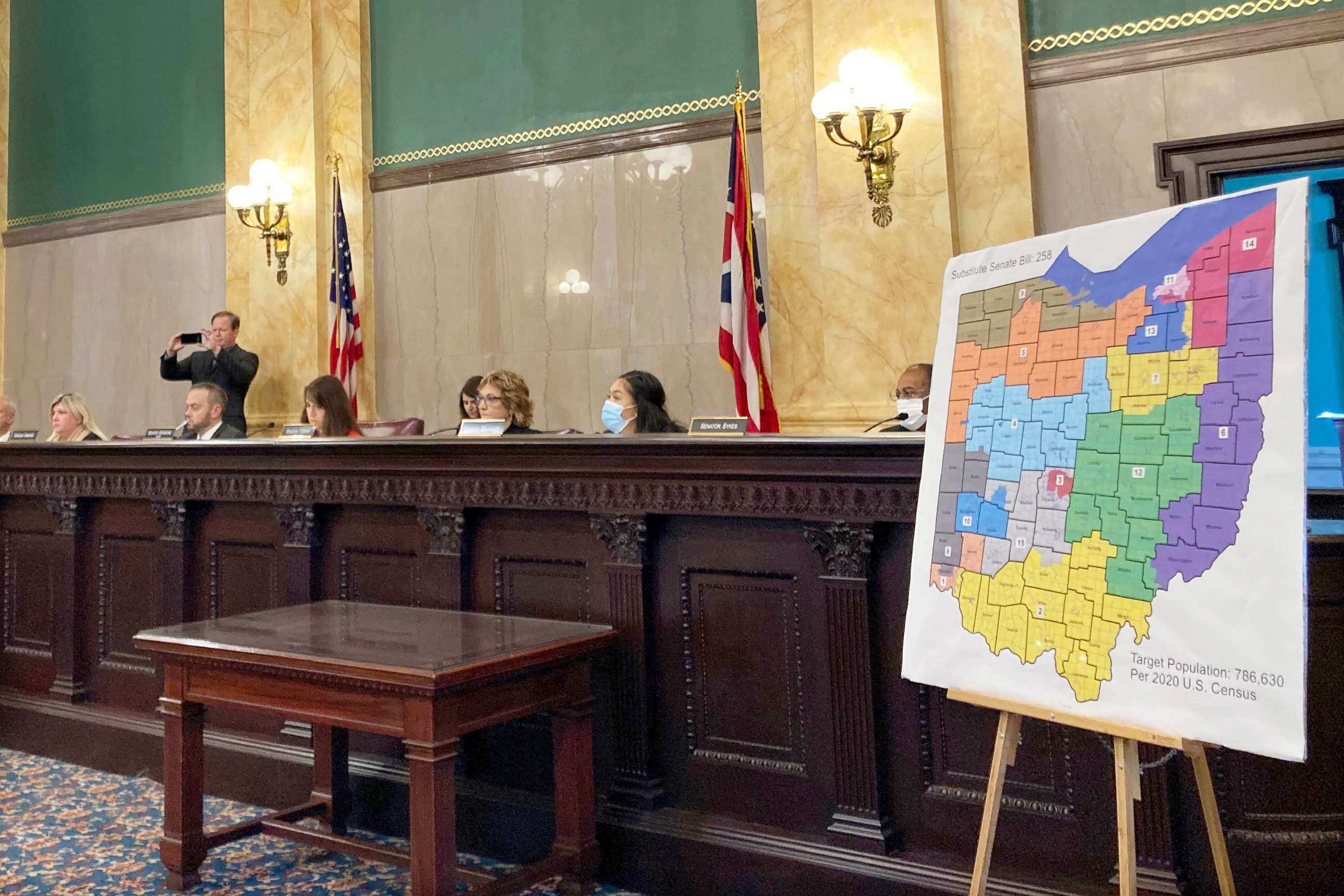 PHOTO: In this Nov. 16, 2021, file photo, members of the Ohio Senate Government Oversight Committee hear testimony on a new map of state congressional districts, at the Ohio Statehouse in Columbus, Ohio.