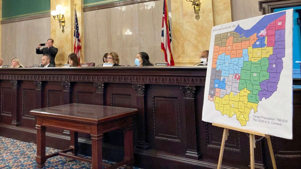 PHOTO: In this Nov. 16, 2021, file photo, members of the Ohio Senate Government Oversight Committee hear testimony on a new map of state congressional districts, at the Ohio Statehouse in Columbus, Ohio.