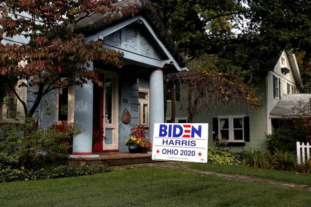 PHOTO: A sign supporting Democratic presidential candidate Joe Biden and Vice presidential candidate Kamala Harris sits in the front yard of a home in Chagrin Falls, Ohio, Sept. 29, 2020. 