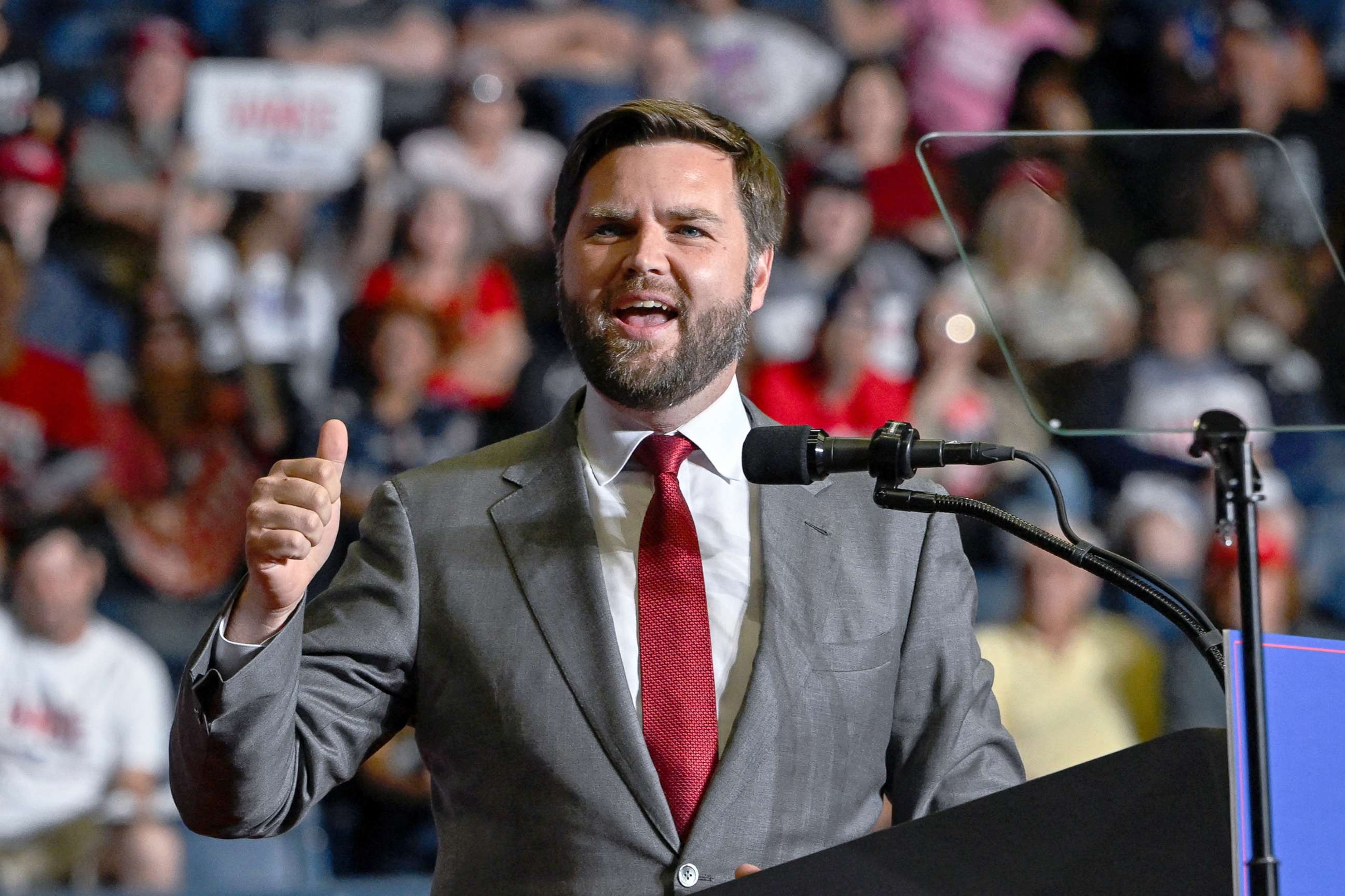 PHOTO: Senate Republican candidate JD Vance speaks to attendees the stage at a rally in Youngstown, Ohio, Sept. 17, 2022. 