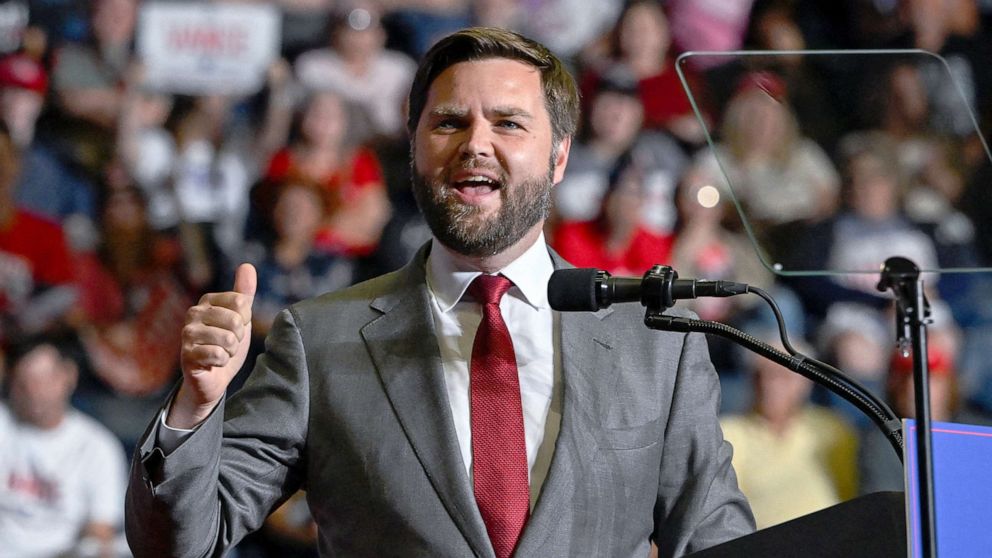 PHOTO: Senate Republican candidate JD Vance speaks to attendees the stage at a rally in Youngstown, Ohio, Sept. 17, 2022. 