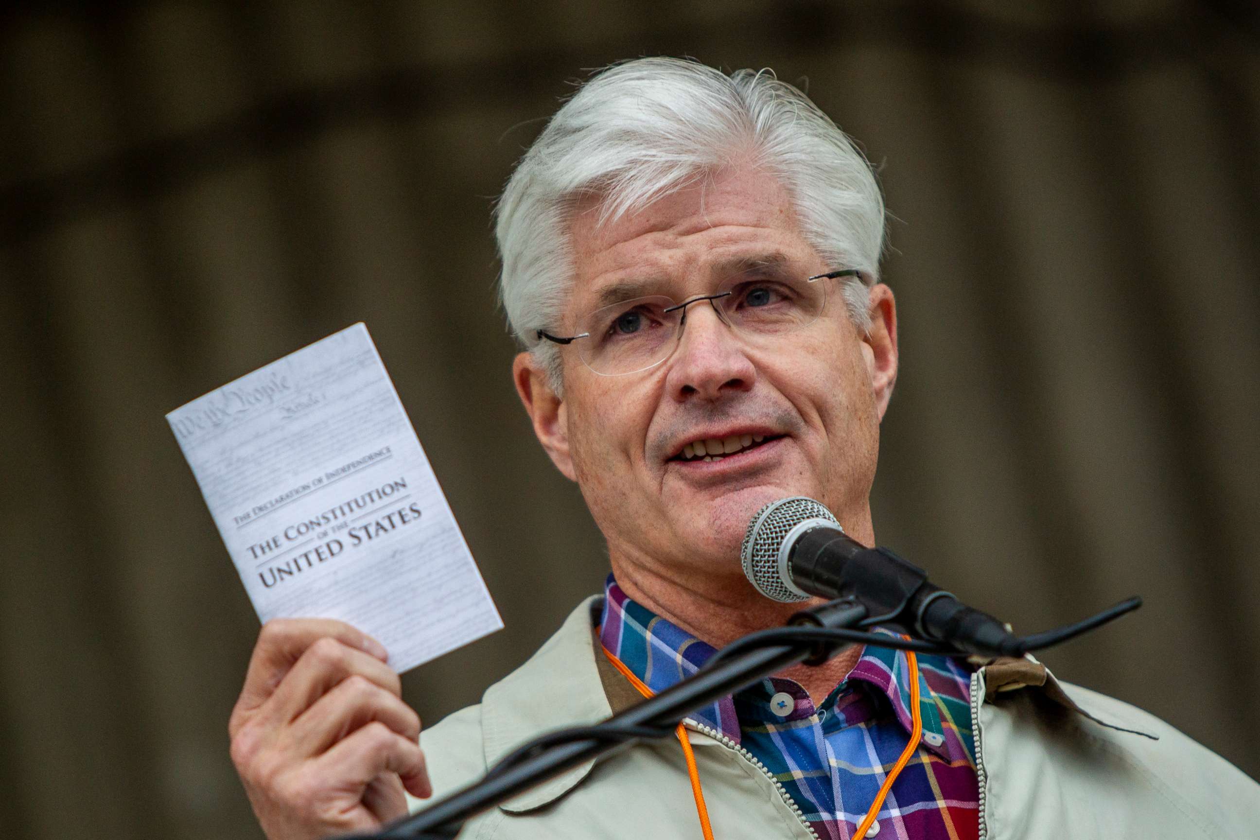 PHOTO: In this Monday, May 18, 2020, file photo, Michigan Senate Majority Leader Mike Shirkey, R-Clark Lake, speaks in downtown Grand Rapids, Mich.