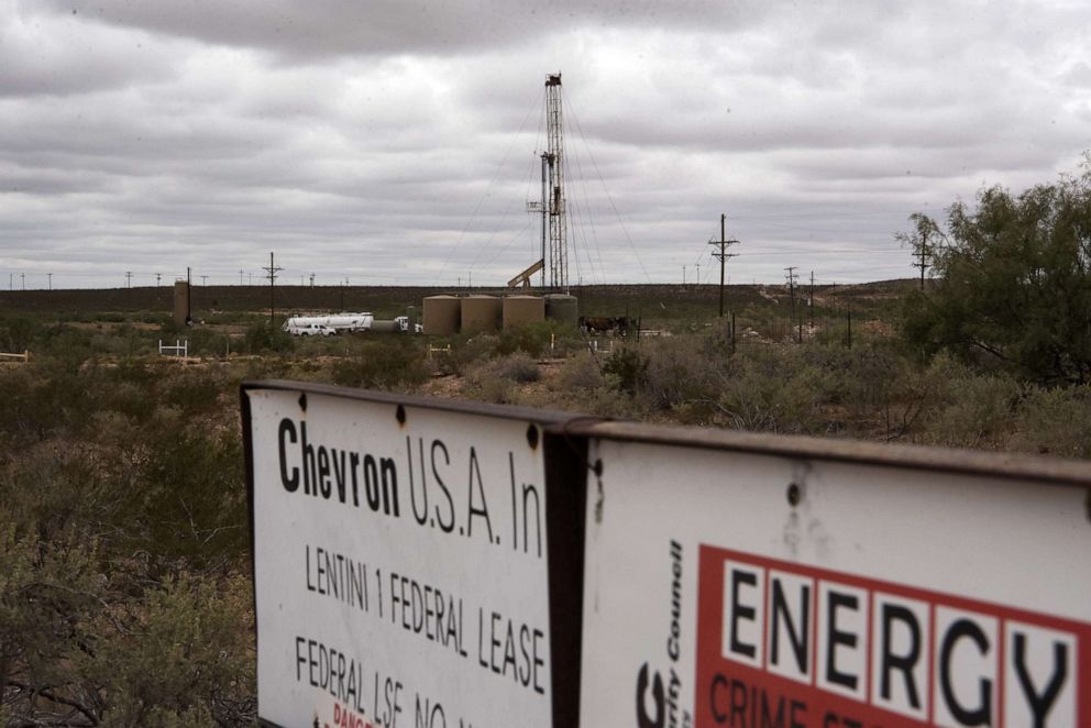PHOTO: Chevron signage is displayed in front of a horizontal drilling rig on federal land in Lea County, N.M., Sept. 10, 2020.
