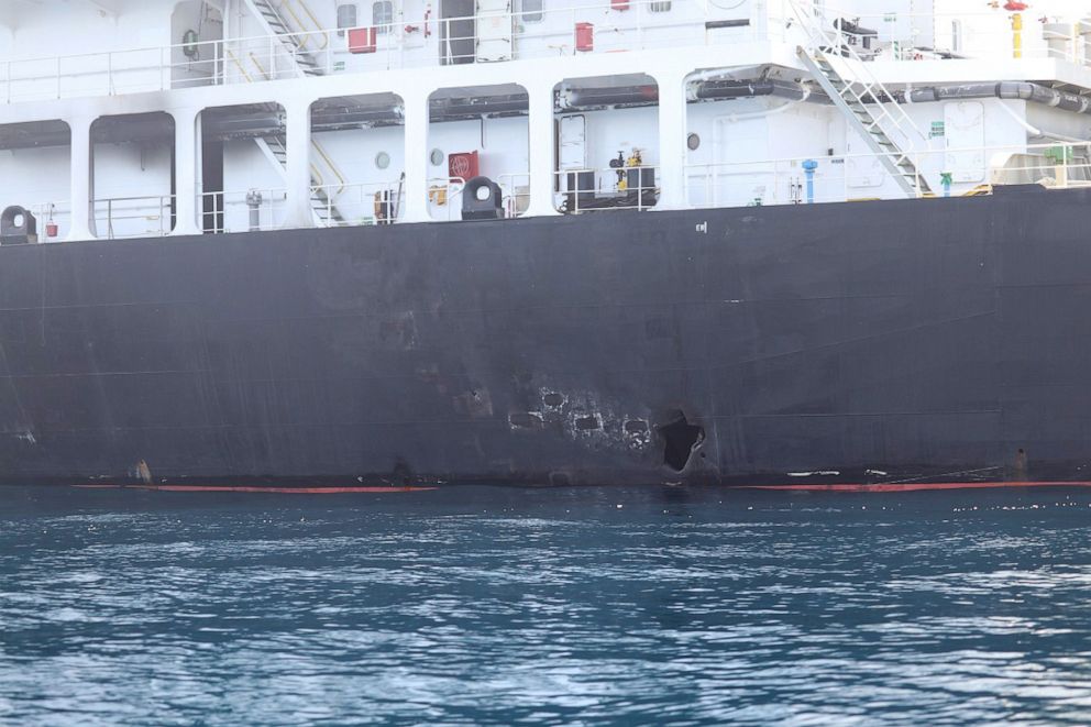 PHOTO: An image released by the Pentagon shows what the Navy says is the damage on the starboard side of the Kokuka Courageous, which was sustained from a limpet mine attack on a June 13, 2019, while operating in the Gulf of Oman.