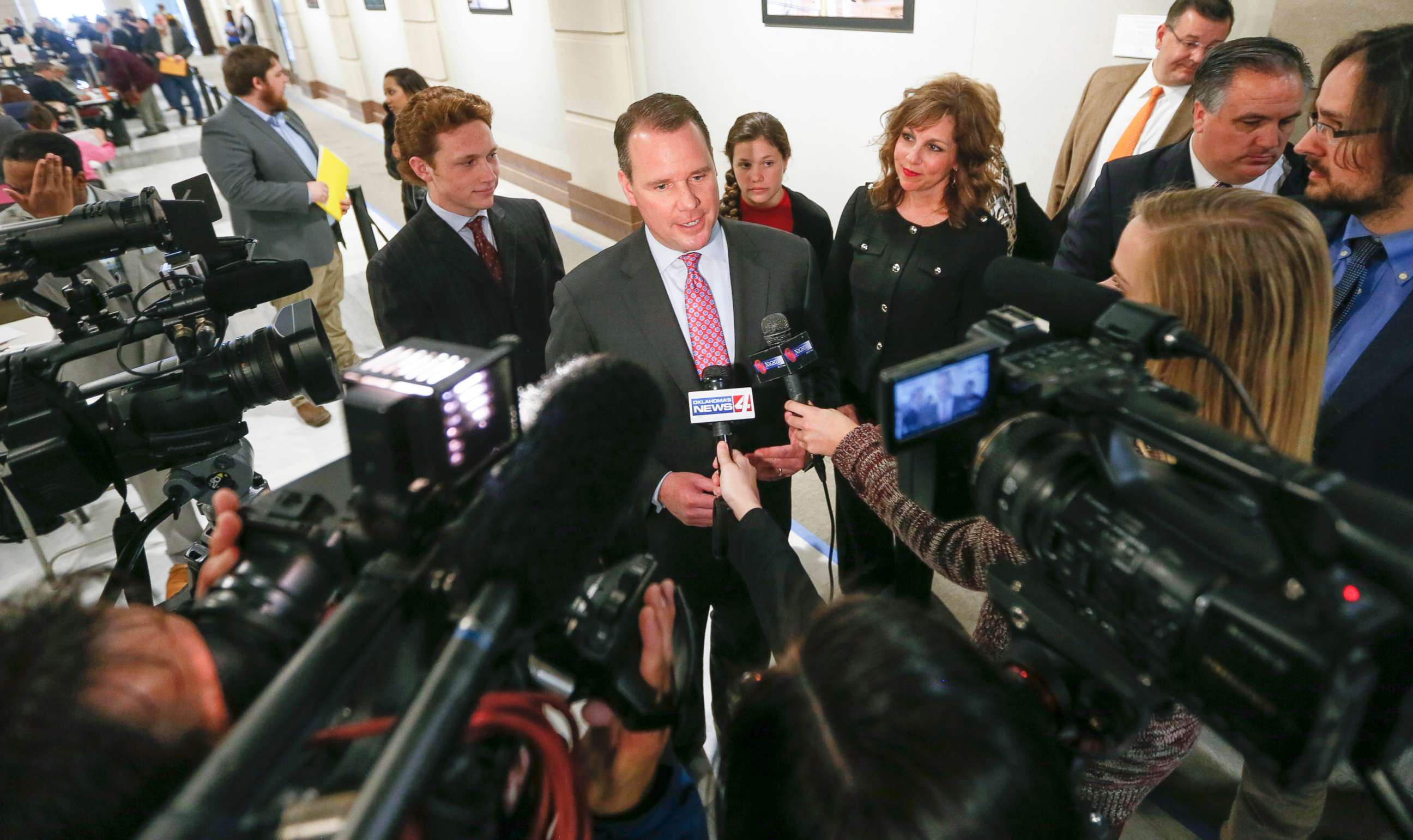 PHOTO: Oklahoma Lt. Gov. Todd Lamb speaks to the media after filing to run for governor as a Republican during candidate filing at the Oklahoma state Capitol, in Oklahoma City, April 11, 2018.
