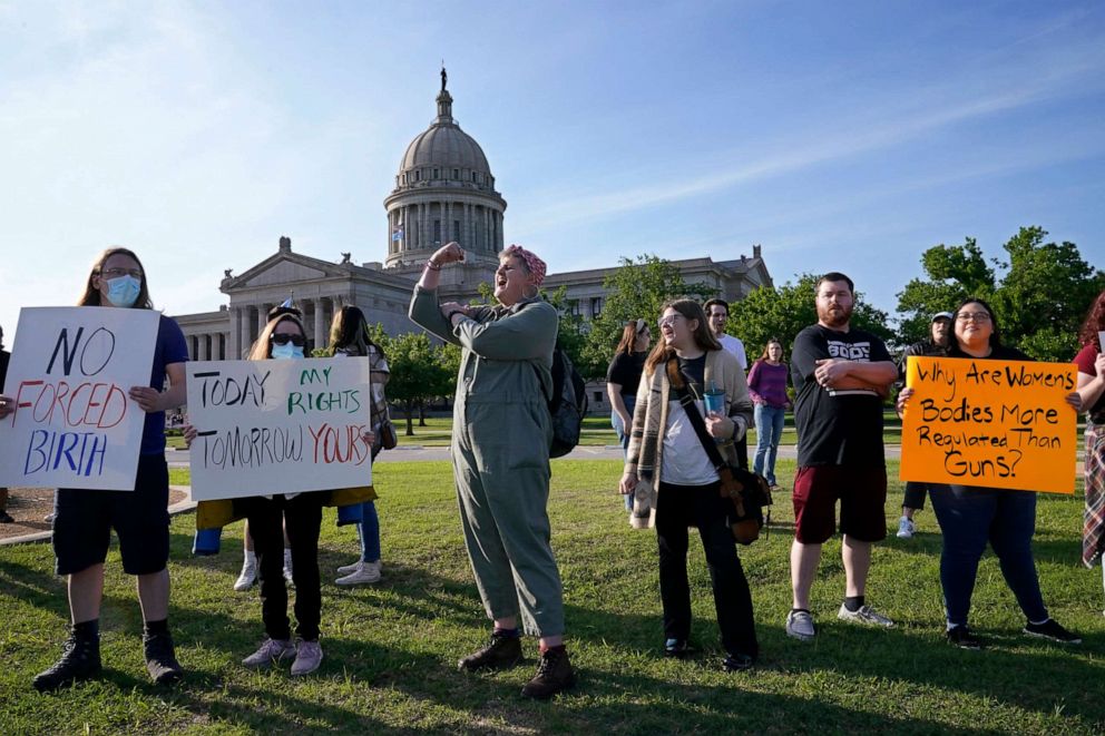 PHOTO: Abortion-rights supporters rally at the State Capitol, May 3, 2022, in Oklahoma City. 
