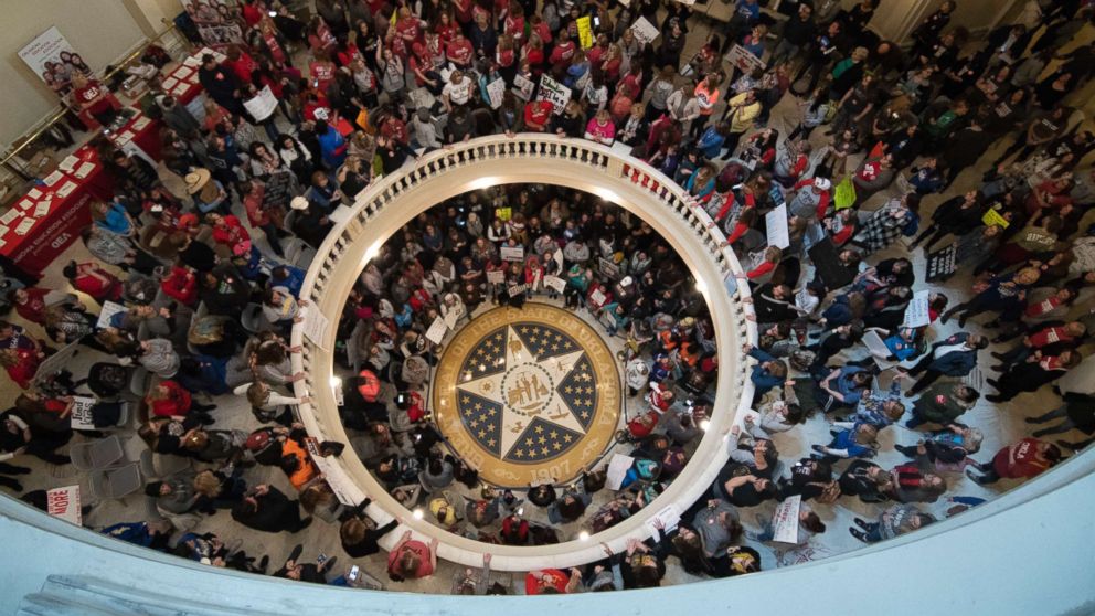 PHOTO: Teachers continue their strike at the state capitol on April 9, 2018 in Oklahoma City, Okla.