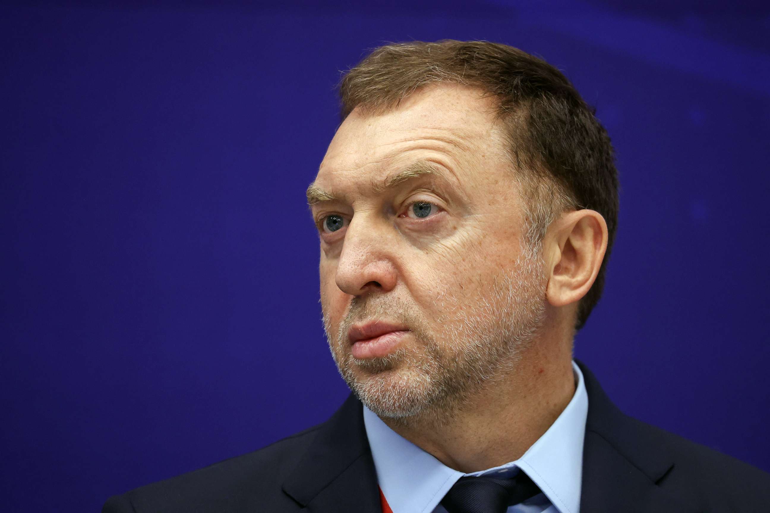 PHOTO: In this June 4, 2021 file photo Oleg Deripaska listens during a panel session in St. Petersburg, Russia.