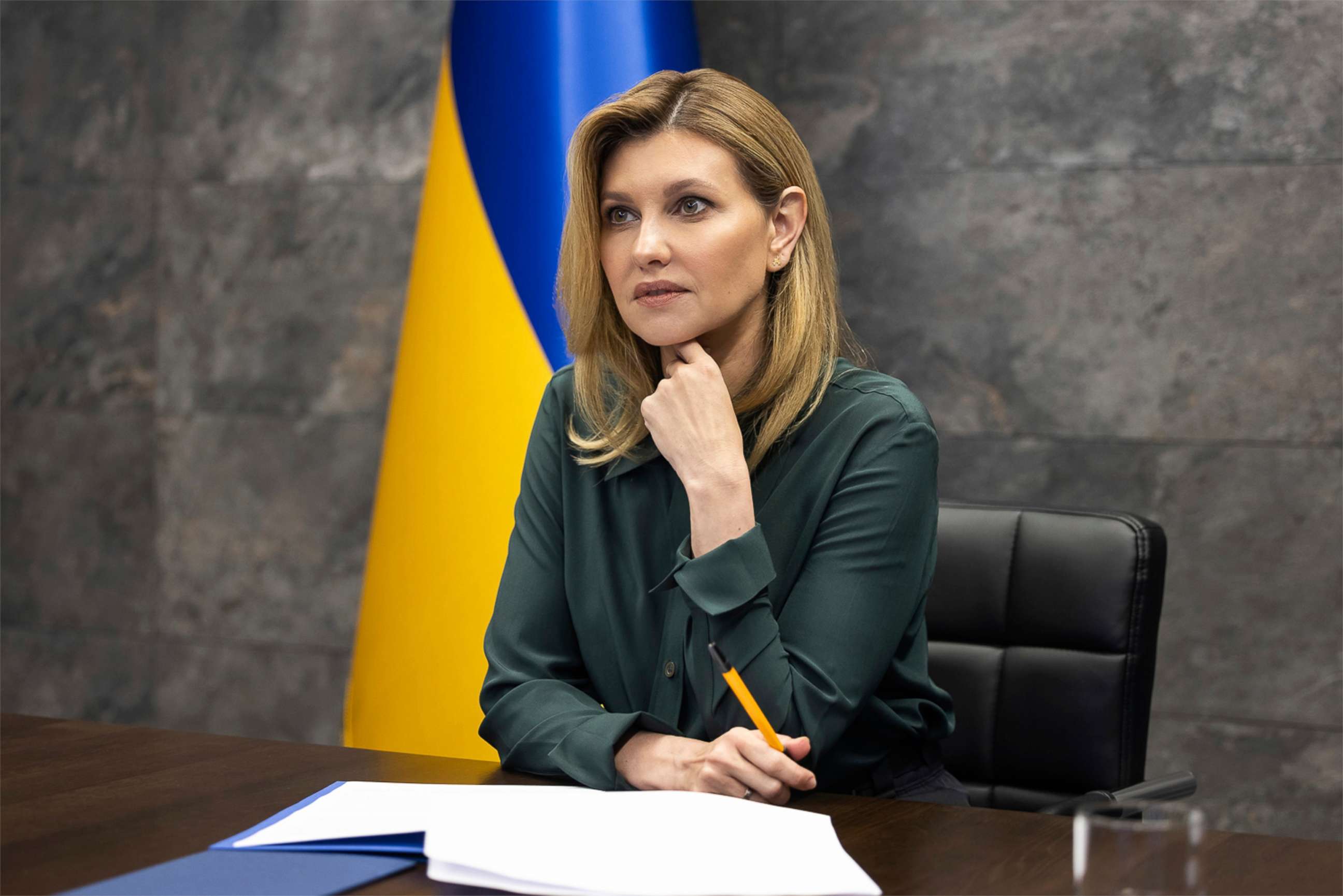 PHOTO: Ukrainian First Lady Olena Zelenska, holds a teleconference with Queen Mathilde of Belgium, to discuss the National Program of Mental Health and Psychosocial Support from the Mariinsky Palace, May 31, 2022, in Kyiv, Ukraine.