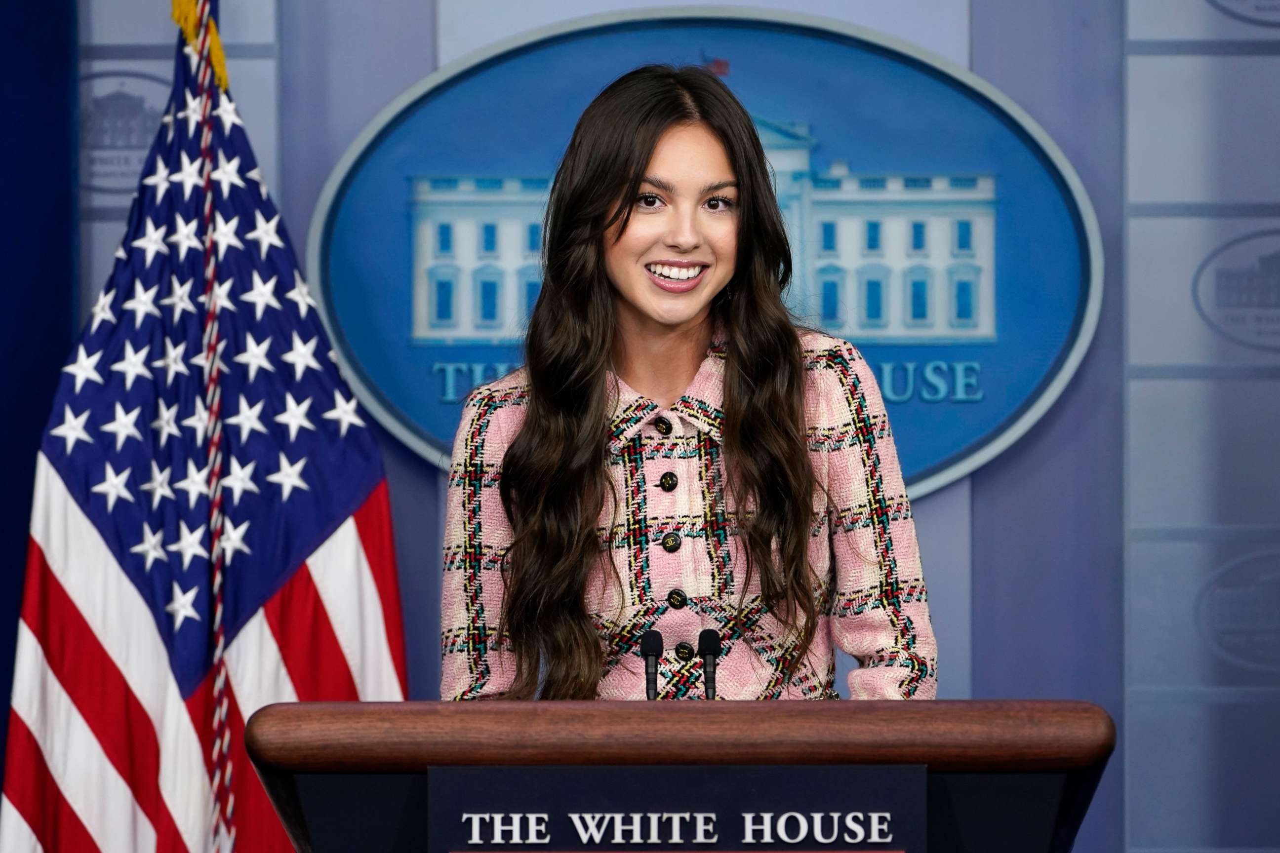PHOTO: Olivia Rodrigo speaks at the beginning of the daily briefing at the White House in Washington, July 14, 2021.