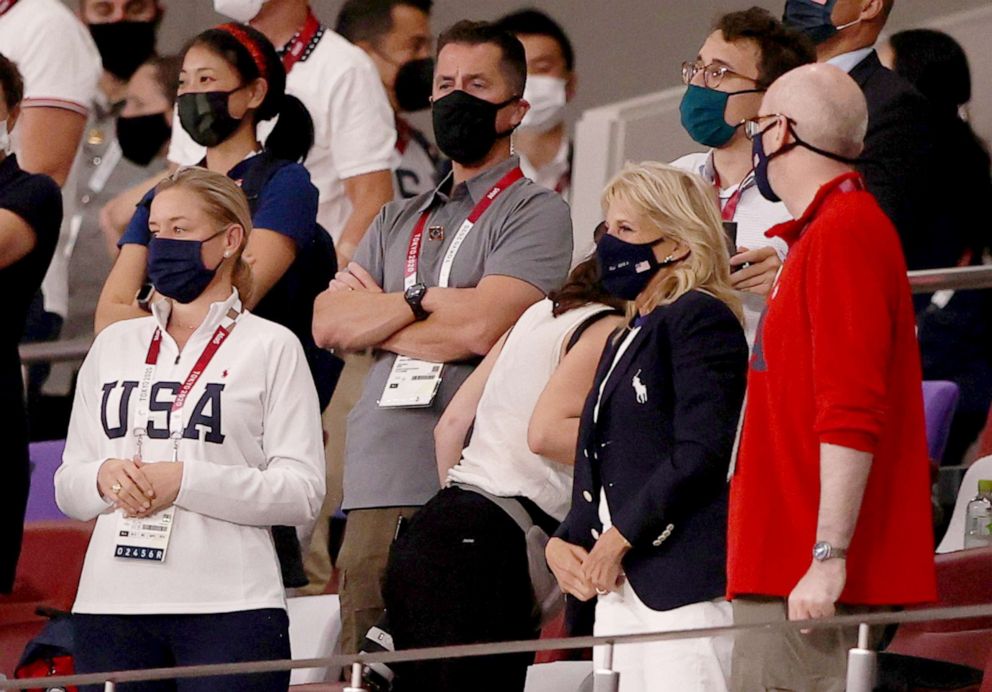 PHOTO: First Lady Dr. Jill Biden watches the New Zealand versus U.S. soccer match during the Olympic Games in Tokyo, July 24, 2021.