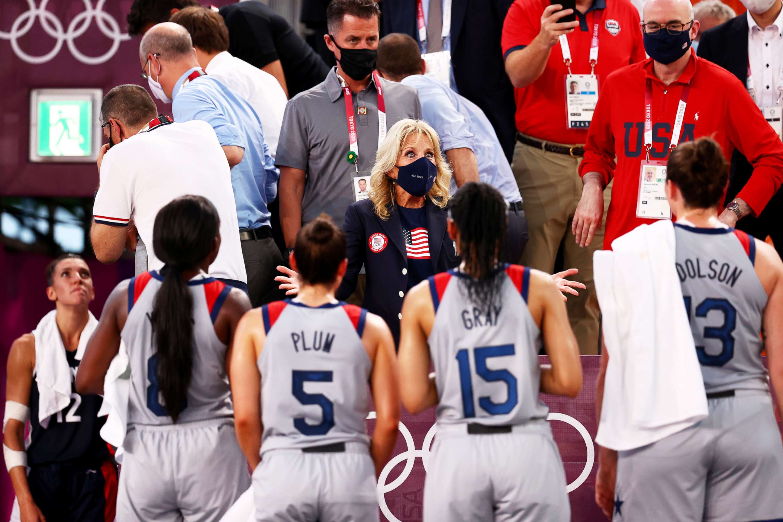 PHOTO: First Lady Jill Biden talks with players from the U.S. basketball team during the Olympic Games in Tokyo, July 24, 2021.