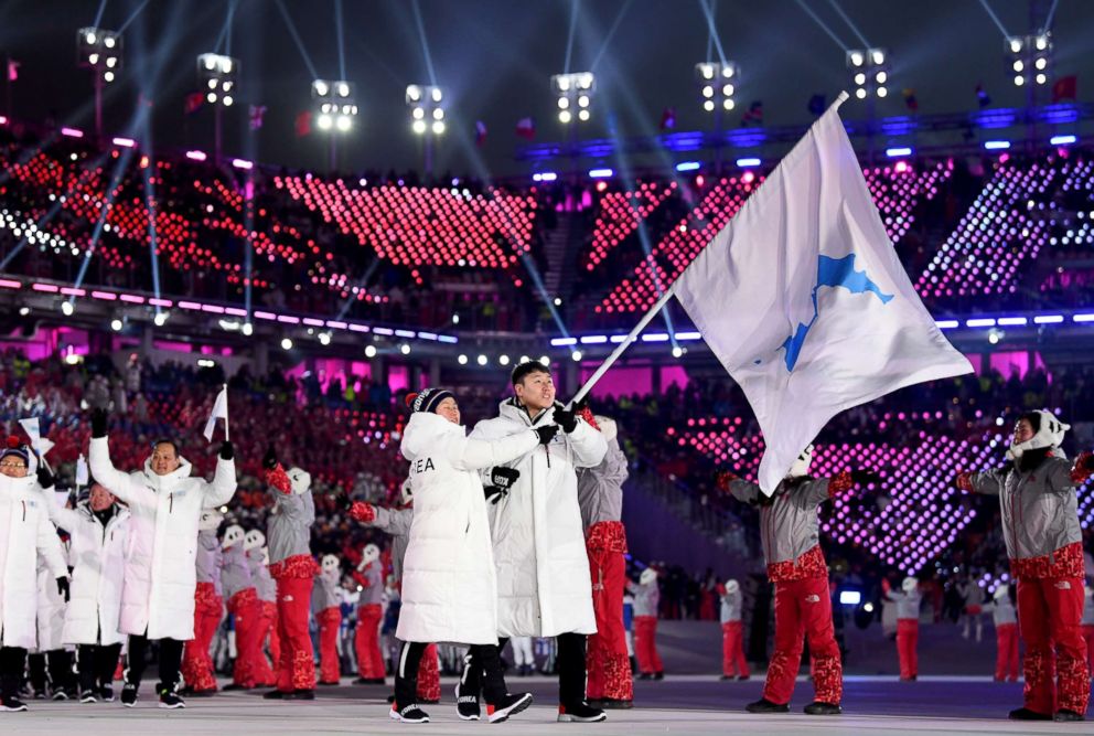 PHOTO: The North Korea and South Korea Olympic teams enter together under the Korean Unification Flag during the Parade of Athletes during the Opening Ceremony of the PyeongChang 2018 Winter Olympic Games at PyeongChang Olympic Stadium, Feb. 9, 2018.