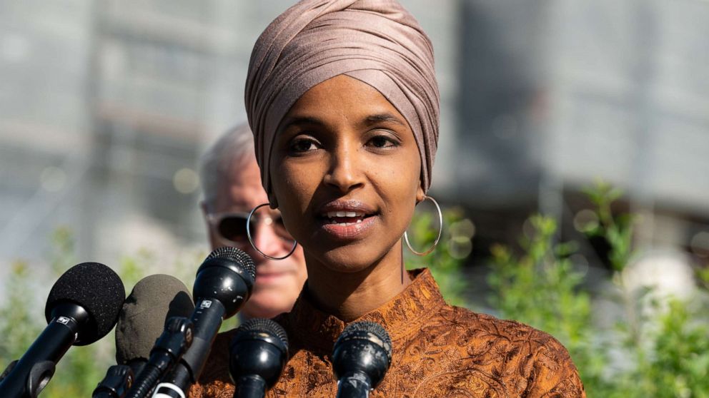 PHOTO: U.S. Representative Ilhan Omar speaks at a press conference during the introduction of the Zero Waste Act in Congress at the Capitol in Washington, DC.