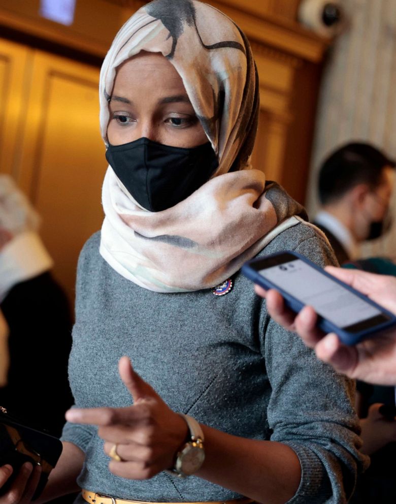 PHOTO: Rep. Ilhan Omar speaks with a reporter as she leaves the U.S. Capitol Building on Nov. 16, 2021 in Washington, D.C.