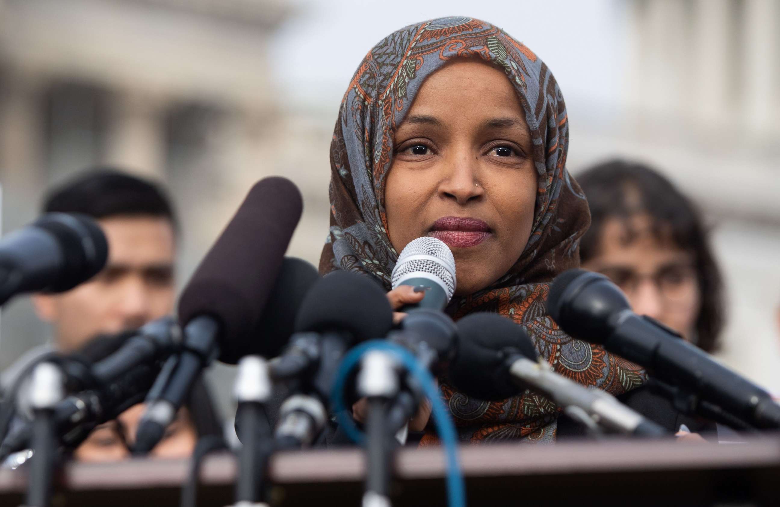 PHOTO: Representative Ilhan Omar, Democrat of Minnesota, speaks during a press conference calling on Congress to cut funding for US Immigration and Customs Enforcement (ICE) and to defund border detention facilities, outside the US Capitol, Feb. 7, 2019. 