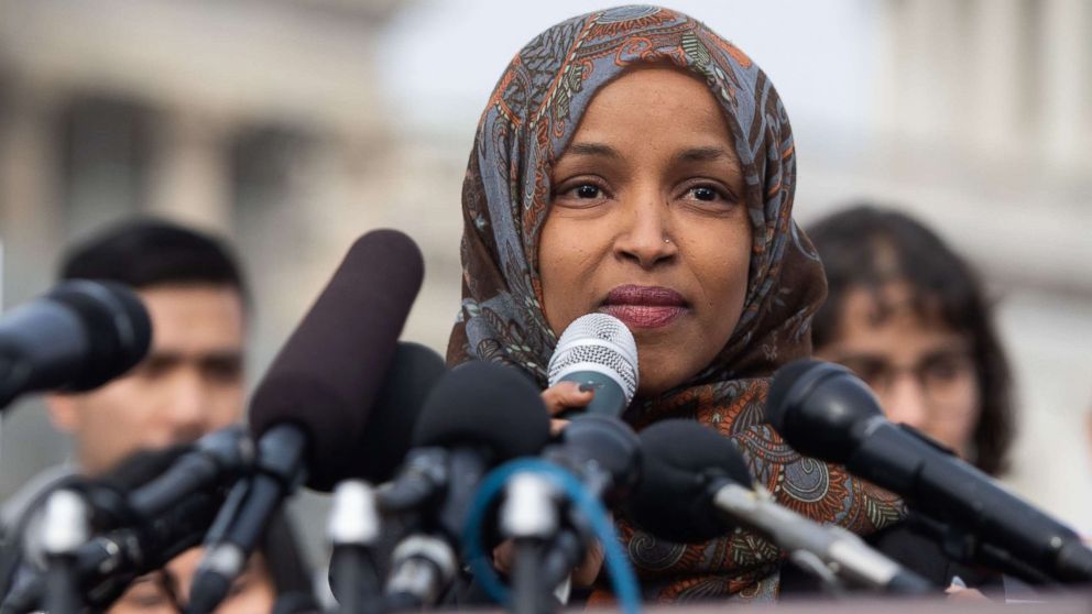 PHOTO: Representative Ilhan Omar, Democrat of Minnesota, speaks during a press conference calling on Congress to cut funding for US Immigration and Customs Enforcement (ICE) and to defund border detention facilities, outside the US Capitol, Feb. 7, 2019. 