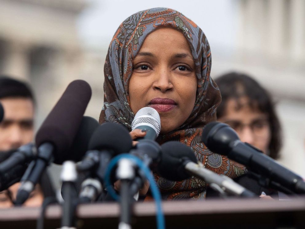 PHOTO: Representative Ilhan Omar, Democrat of Minnesota, speaks during a press conference calling on Congress to cut funding for US Immigration and Customs Enforcement (ICE) and to defund border detention facilities, outside the US Capitol, Feb. 7, 2019.