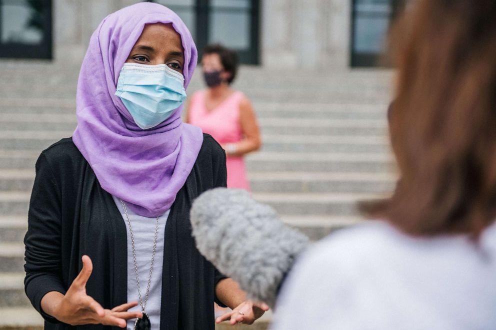 PHOTO: U.S. Rep. Ihan Omar (D-MN) speaks with a reporter after a press conference on July 7, 2020 in St. Paul, Minnesota. 