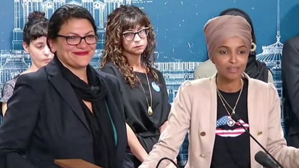 PHOTO: Rep. Rashida Tlaib and Rep. Ilhan Omar hold press conference on the ban preventing them from traveling to Israel, Aug. 18, 2019, in St Paul, Minn. 