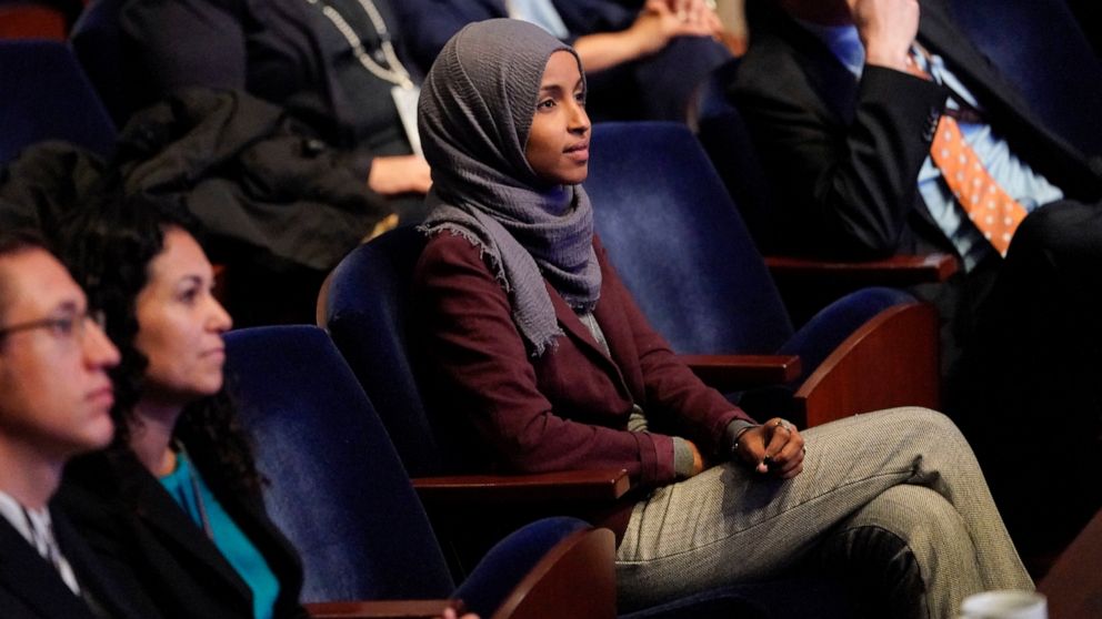 PHOTO: In this Nov. 15, 2018 file photo, Rep.-elect IIhan Omar, D-Minn., center, listens during member-elect orientations on Capitol Hill in Washington. A western New York man has been charged with threatening to kill U.S. Rep. Omar of Minnesota.