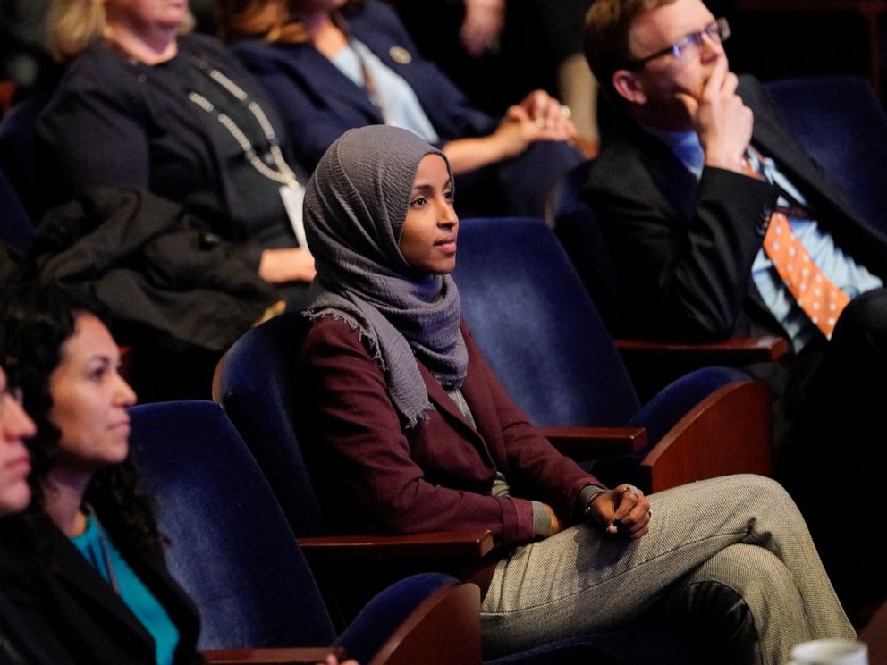 PHOTO: In this Nov. 15, 2018 file photo, Rep.-elect IIhan Omar, D-Minn., center, listens during member-elect orientations on Capitol Hill in Washington. A western New York man has been charged with threatening to kill U.S. Rep. Omar of Minnesota.