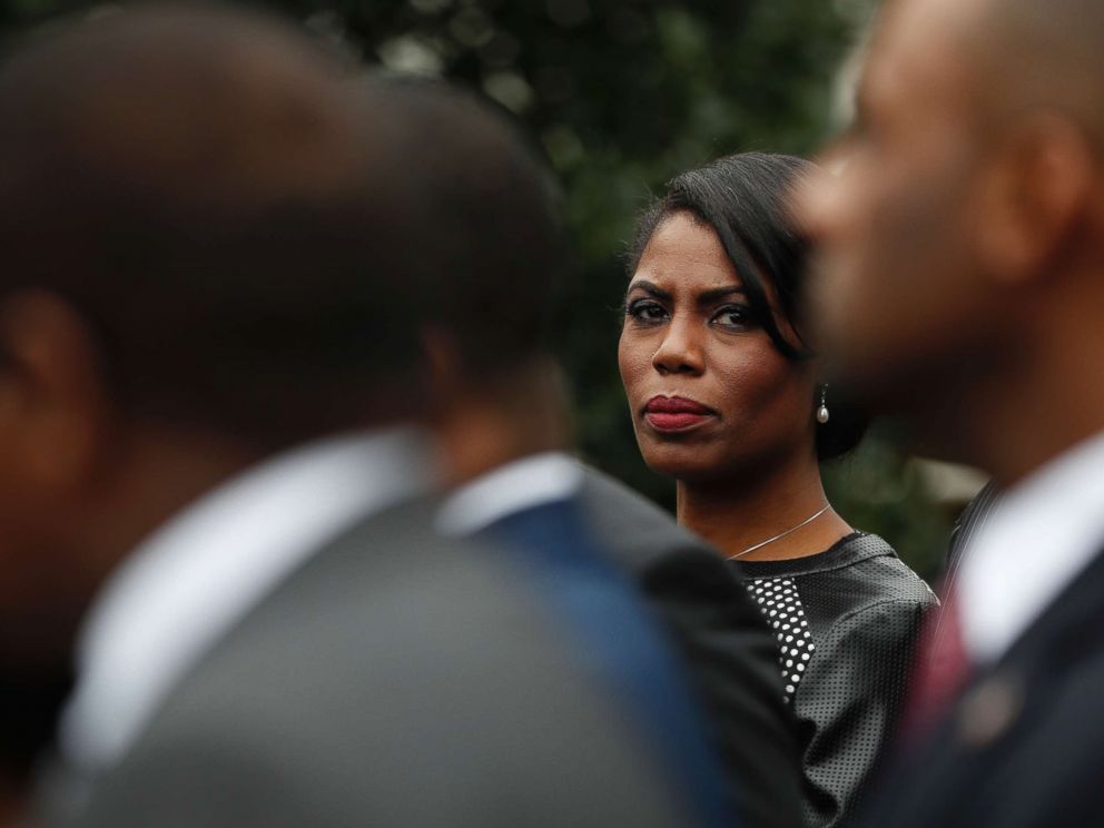 PHOTO: White House Director of Communications for the Office of Public Liaison Omarosa Manigault stands with the of leaders of historically black colleges and universities (HBCU) outside the West Wing of the White House in Washington, Feb. 28, 2017.