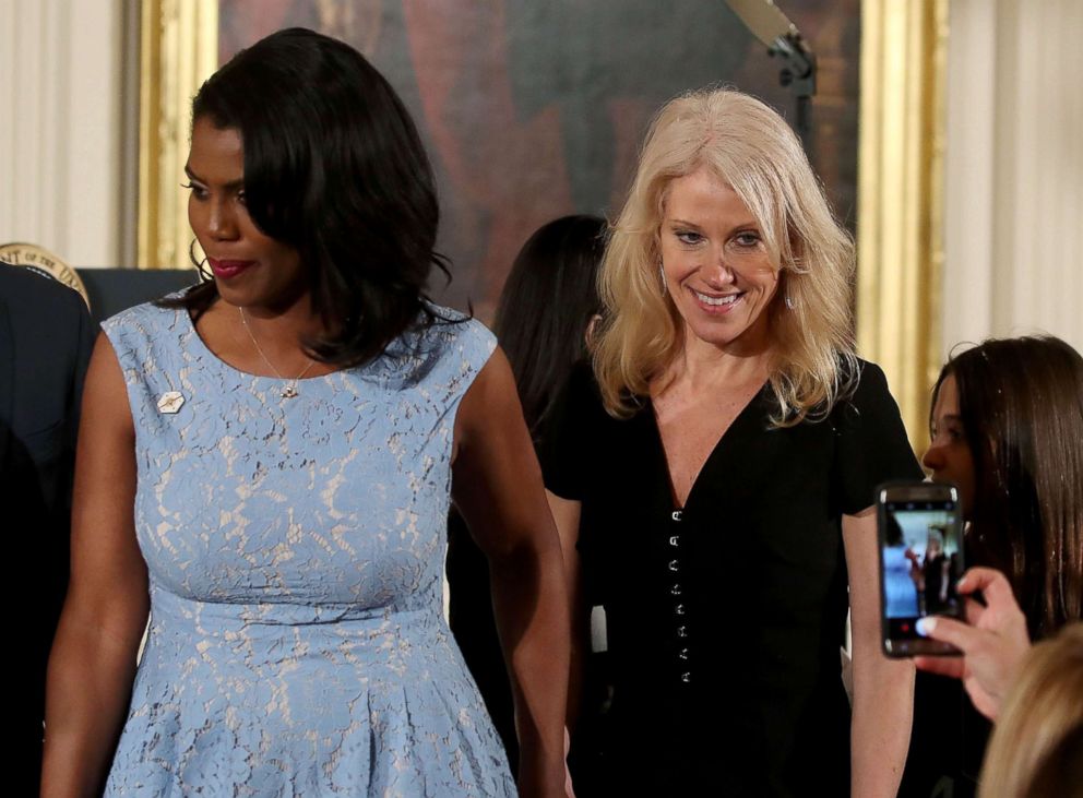 PHOTO: Counselor to the President Kellyanne Conway and Omarosa Manigault, left, attend an event celebrating Women's History Month, in the East Room at the White House, March 29, 2017, in Washington, DC.