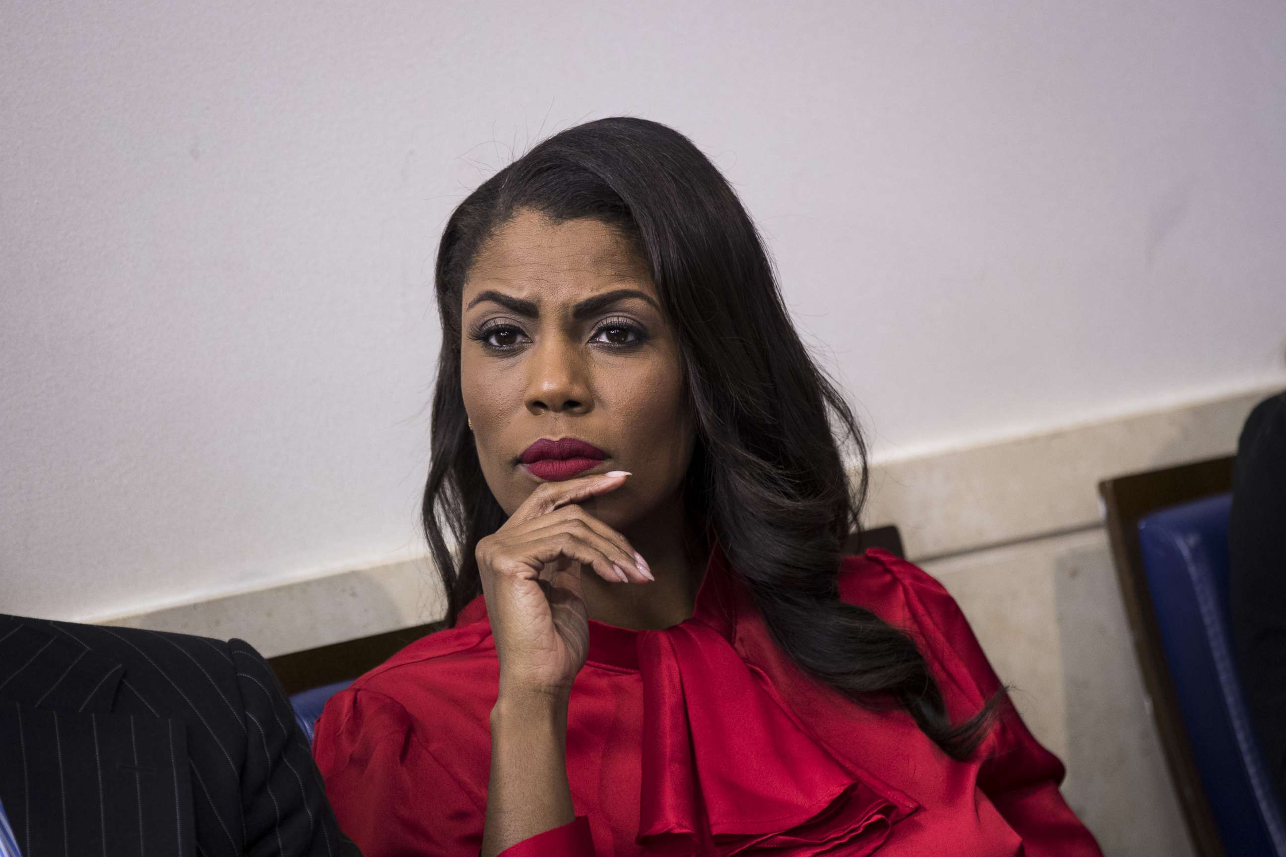 PHOTO: Then Director of Communications for the White House Public Liaison Office Omarosa Manigault Newman listens during the daily press briefing at the White House, Oct. 27, 2017, in Washington, DC.