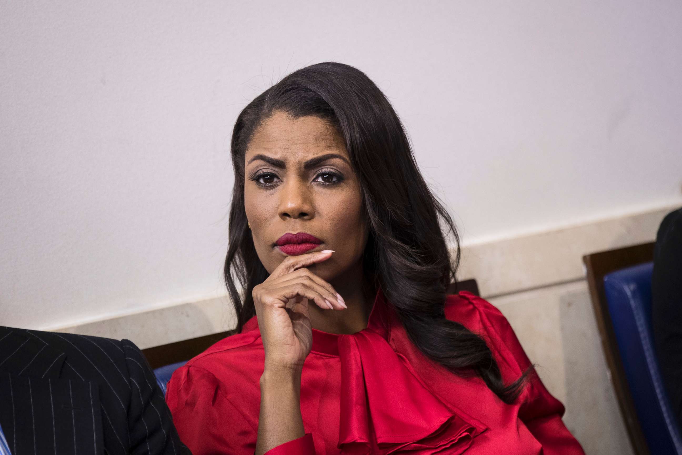 PHOTO: Director of Communications for the White House Public Liaison Office Omarosa Manigault listens during the daily press briefing at the White House, Oct. 27, 2017.