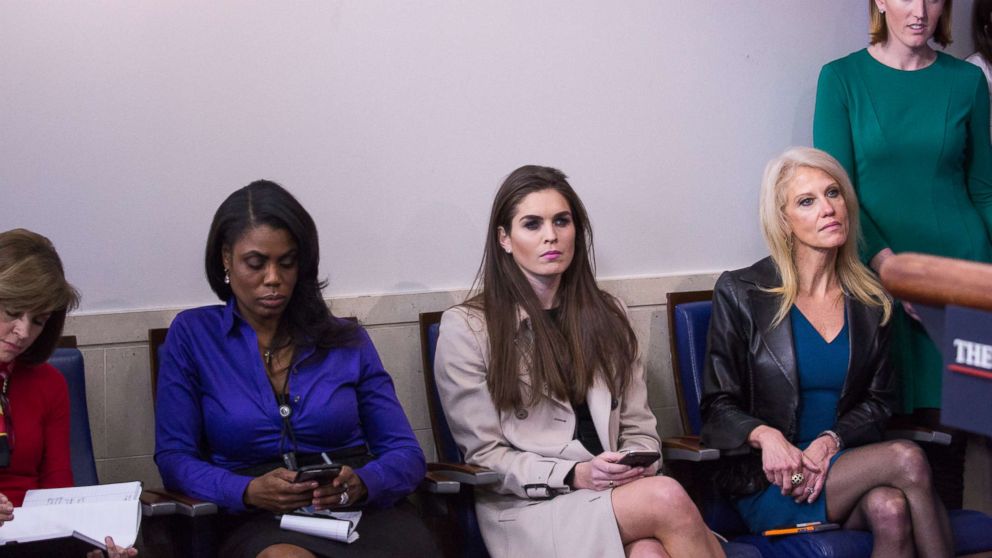 PHOTO: Omarosa Manigault, Hope Hicks and Kellyanne Conway attend a daily press briefing in the James Brady Press Briefing Room at the White House, Jan. 24, 2017 in Washington.