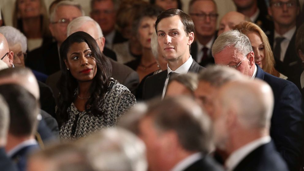 Omarosa Manigault and Jared Kushner attend a Medal of Honor ceremony in the East Room of the White House, Oct. 23, 2017 in Washington.