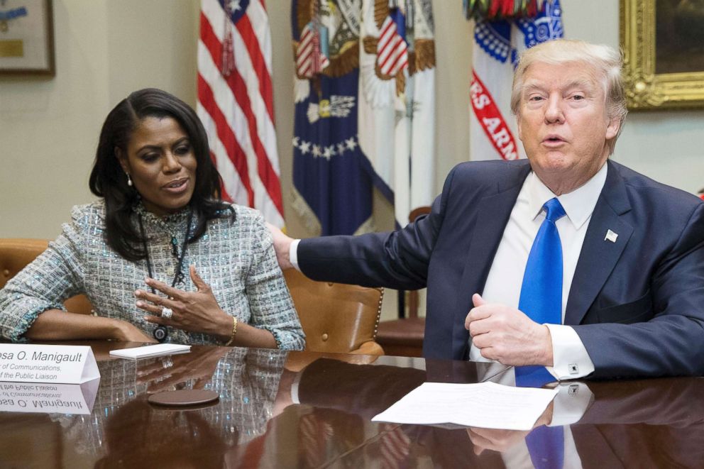 PHOTO: President Donald J. Trump speaks beside Omarosa Manigault-Newman during a meeting on African American History Month in the Roosevelt Room of the White House in Washington, Feb. 1, 2017.