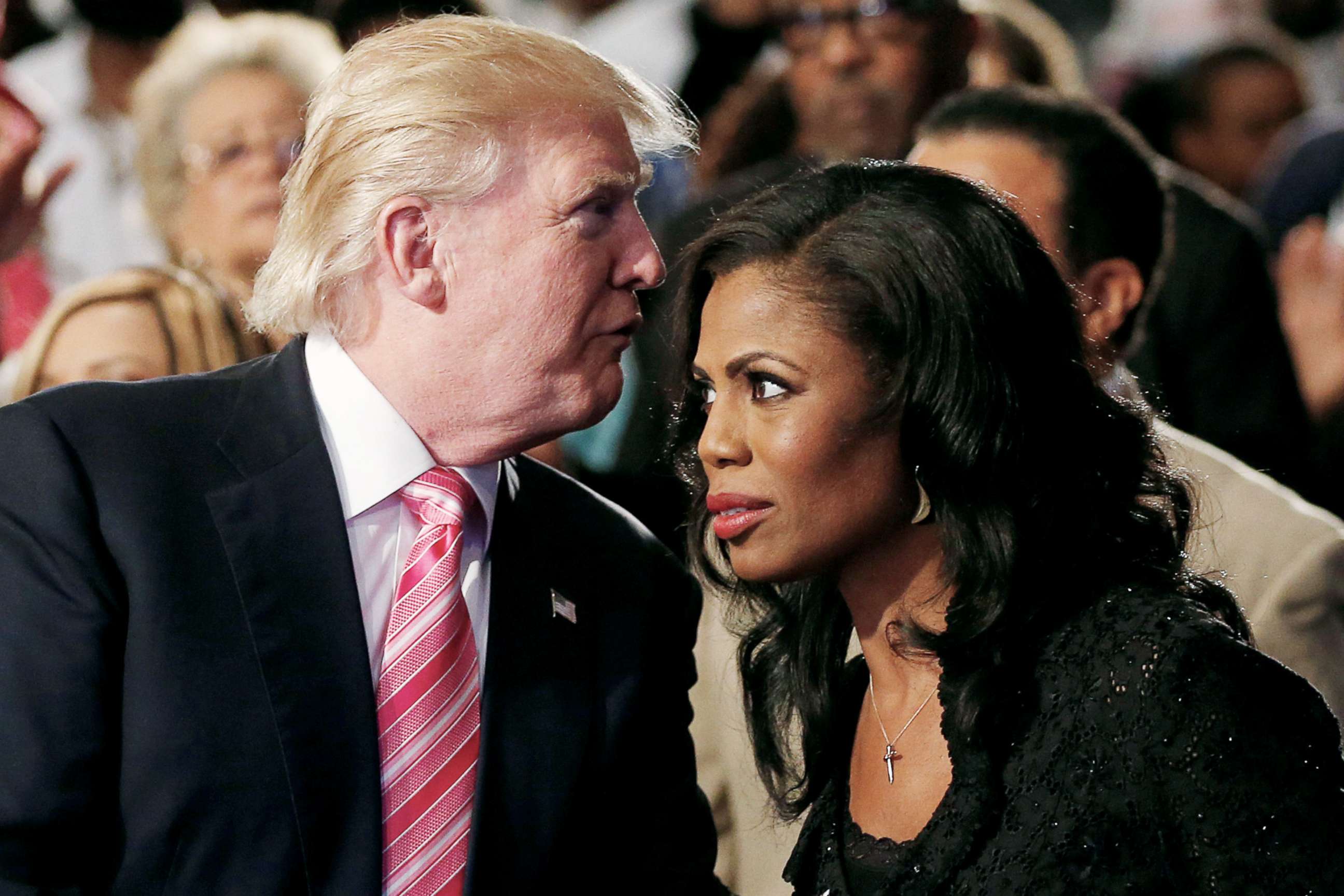 PHOTO: Republican presidential nominee Donald Trump and Omarosa Manigault attend a church service, in Detroit, Sept. 3 2016. 