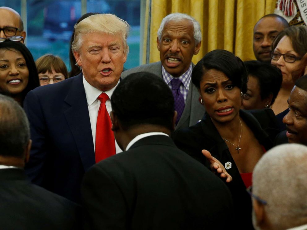 PHOTO: White House aide Omarosa Manigault (center R) and President Donald Trump (center L) with the leaders of dozens of historically black colleges and universities (HBCU) in the Oval Office at the White House in Washington, D.C., Feb. 27, 2017.