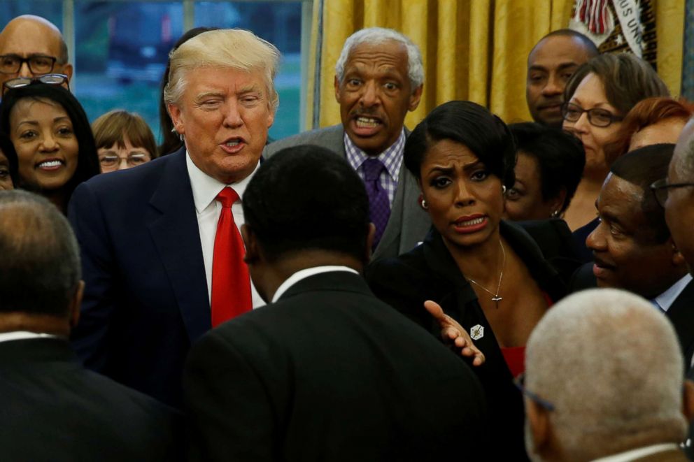 PHOTO: White House aide Omarosa Manigault (center R) and President Donald Trump (center L) with the leaders of dozens of historically black colleges and universities (HBCU) in the Oval Office at the White House, Feb. 27, 2017.