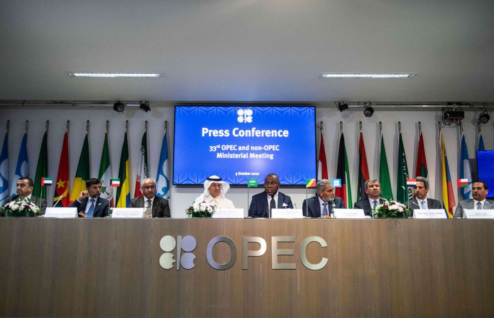 PHOTO: Representatives of OPEC member countries attend a press conference after the 45th Joint Ministerial Monitoring Committee and the 33rd OPEC and non-OPEC Ministerial Meeting in Vienna, Austria, on October 5, 2022.