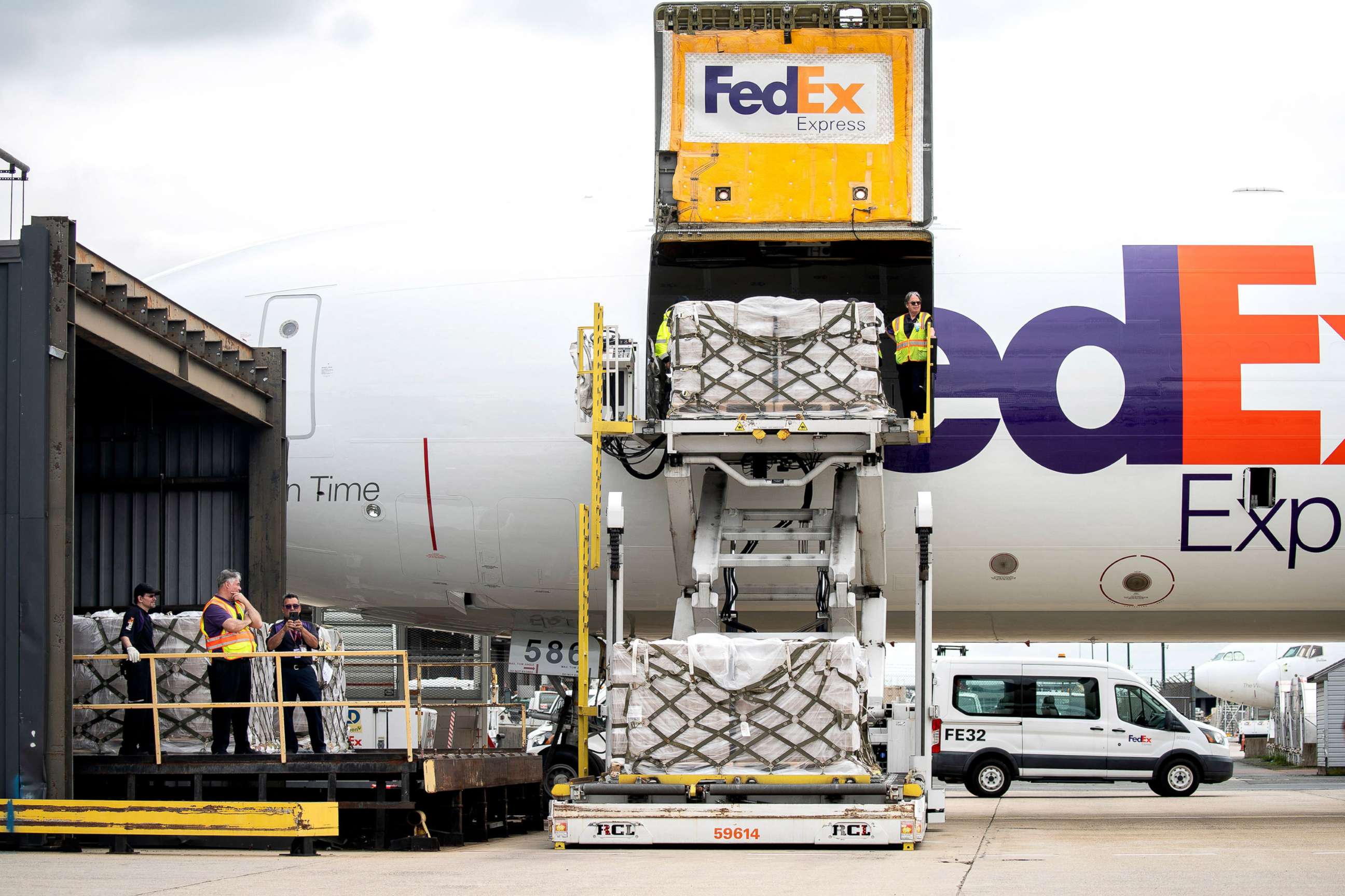 PHOTO: Pallets of baby formula are unloaded after being sent in through Operation Fly Formula, at Dulles International Airport in Dulles, Va., on May 25, 2022. 
