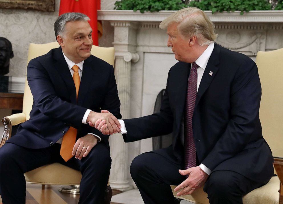 PHOTO: President Donald Trump shakes hands with Hungarian Prime Minister Viktor Orban during a meeting in the Oval Office, May 13, 2019, in Washington, DC.